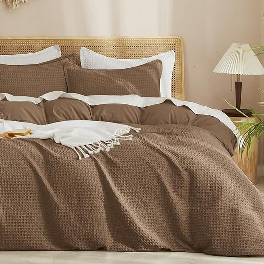 PHF Waffle Duvet Cover Set Queen Size, No Snagging Ultra Soft Luxury Textured Breathable Comforter Cover for All Season 3pcs, Durable Bedding Duvet Set with 2 Pillow Shams, 90"x90", Mocha