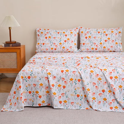 JSD Floral Floral Sheet Set Cal King, 4 Piece Spring Printed Microfiber Bed Sheets Deep Pocket