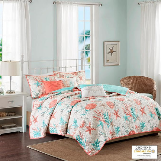 Madison Park Quilt Set Cottage Coastal Design, Starfish Print - All Season, Coverlet Bedspread Lightweight Bedding Layer, Shams, Toss Pillows, King/Cal King(104"x94"), Pebble Beach Coral 6 Piece