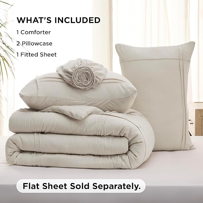 Bedsure Queen Comforter Set with Sheet - 4 Pieces Soft Beige Bedding, Grid Pinch Pleat, All Season Lightweight Fluffy Bed Set with Solid Boho Comforter, Pillowcases & Sheet