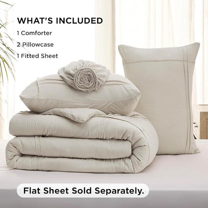 Bedsure Queen Comforter Set with Sheet - 4 Pieces Soft Beige Bedding, Grid Pinch Pleat, All Season Lightweight Fluffy Bed Set with Solid Boho Comforter, Pillowcases & Sheet