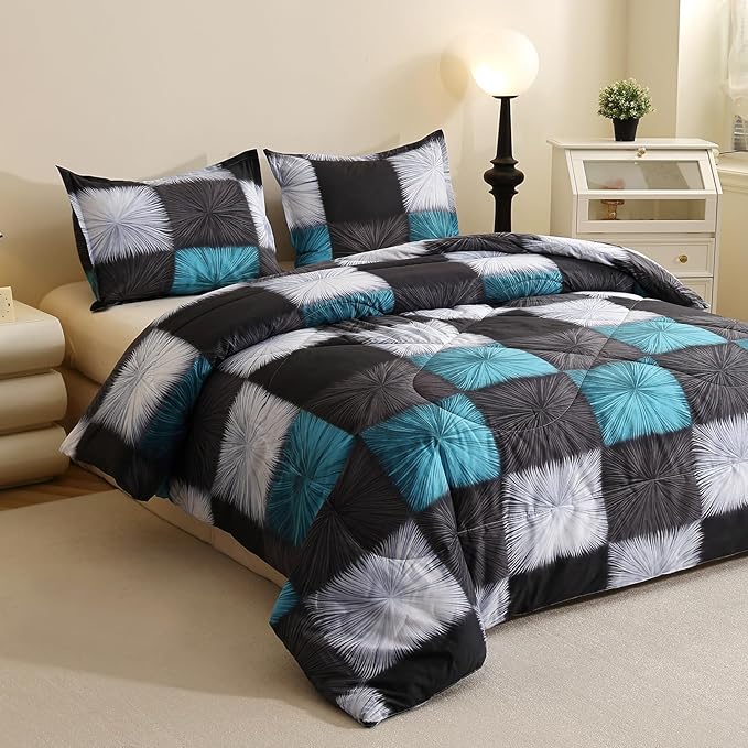 Caressma Black and White Checkered Comforter Bedding Set, 3 Pieces Full Size Blue White Plaid Comforter Set, Fluffy Black Grid Home Decor for All Seasons