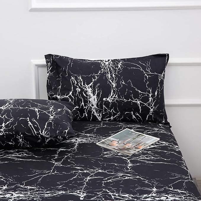 Best Season Bed Sheet Set 4 Pieces -Queen Size-Soft Durable Microfiber Bedding Sheet Set,Deep Pocket,Stain,Fade & Wrinkle Resistant(Black Marble)