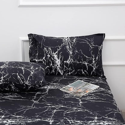 Best Season Bed Sheet Set 3 Pieces -Twin Size-Soft Durable Microfiber Bedding Sheet Set,Deep Pocket,Stain,Fade & Wrinkle Resistant(Black Marble)