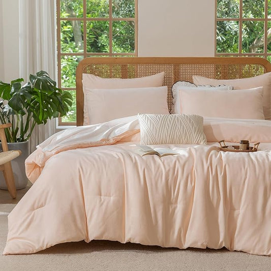 King Size Comforter Pink - Waffle Checkered Bedding, Textured Thermal Breathable Design for All Seasons, Ultra-Soft Combo for Year-Round Comfort