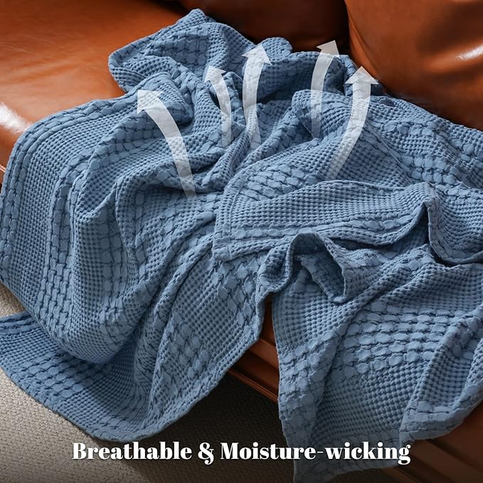 PHF 100% Cotton Waffle Weave Blanket King Size for Bed, Soft Lightweight & Breathable for Spring and Summer, All-Season Comfort, Luxury Aesthetic Blanket for Home Decor, 108"x90", Denim Blue