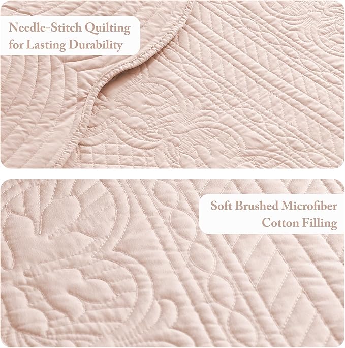 Madison Park Queen Quilt Set Damask Coverlet Set for Queen Size Bed, Cottage Oversized Quilt Set, Scallop Edge, All Season, Pre-washed Cotton-Filled Queen Size Quilt, Tuscany, Full/Queen Blush 3 Piece