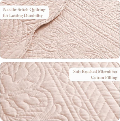 Madison Park Queen Quilt Set Damask Coverlet Set for Queen Size Bed, Cottage Oversized Quilt Set, Scallop Edge, All Season, Pre-washed Cotton-Filled Queen Size Quilt, Tuscany, Full/Queen Blush 3 Piece