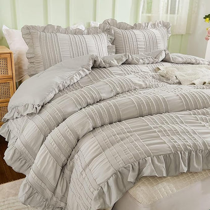 WONGS BEDDING Grey Textured Comforter Set King,3 Pieces Ruffle Farmhouse Shabby Chic Comforter for King Bed,Soft Seersucker Boho Bedding Set with 1 Ruffle Comforter,2 Tufted Pillowcases 104"×90"