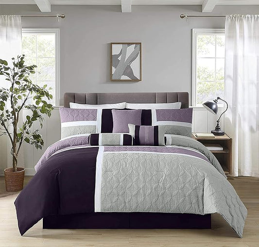 Chezmoi Collection Upland 7-Piece Quilted Patchwork Comforter Set, Lavender/Gray/Purple, Full