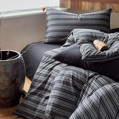 EAVD Retro Black Striped Duvet Cover Queen Soft 100% Washed Cotton Reversible Striped Pattern Bedding Set with 2 Pillowcases Farmhouse Geometric Duvet Cover with Zipper Closure