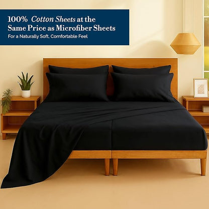 Casa Platino Sheets Split King – 7 Piece Crisp Percale Weave Split King Cooling Sheets with 15" Deep Pockets, Lightweight & Cool for All Sleepers, Soft & Breathable for a Great Nights Sleep – Black