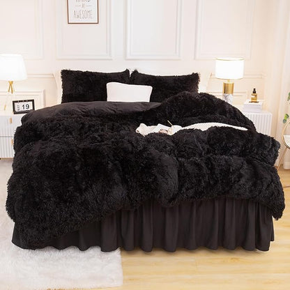Andency Queen Comforter Set Black, Fluffy Winter Faux Fur Warm Soft Plush Bedding Comforter Set (1 Velvet Comforter & 2 Pillowcases), Fuzzy Thick Heavy Puffy Comforters Bed Set