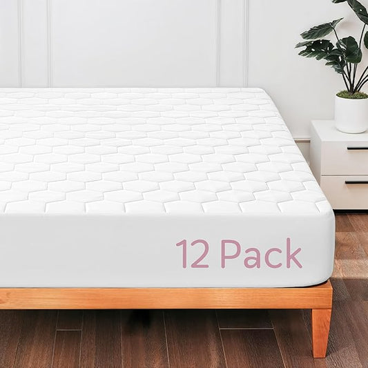 Hearth & Harbor 12 Pack Twin XL Size Quilted Fitted Mattress Pad Cover, 100% Waterproof Mattress Protectors, College Dorm Room Essentials, Deep Pocket Fitted Mattress Cover 8" - 21", White