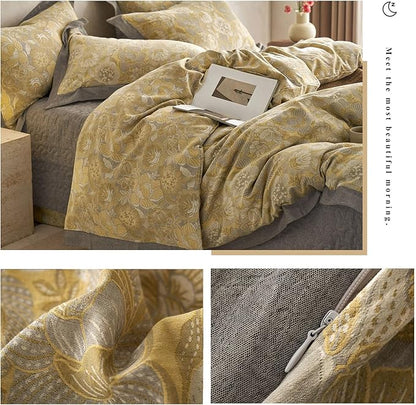 VM VOUGEMARKET Jacquard Floral Duvet Cover Set King,Yarn-Dyed Cotton Yellow Gold Flower Duvet Cover Bordered,Vintage Garden Style Bedding Set King