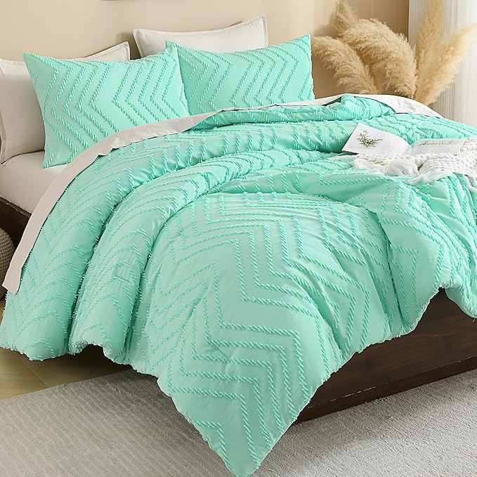 Andency Mint Green Comforter Set King Size, Boho Soft Warm Tufted Bedding Comforter Sets for King Size Bed, 3 Pieces Aesthetic Chevron Farmhouse Cute Bohemian Textured Bedding Set