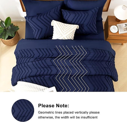 Litanika California King Size Comforter Set with Sheets Navy Blue - 7 Pieces Bed in a Bag Cal King Chevron Tufted Complete Bedding Sets with Comforter, Sheets, Pillowcases & Shams