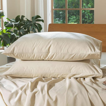 MooMee Bedding Pillowcases Pack of 2 100% Washed Cotton Linen Like Textured Breathable Durable Soft Comfy (Heathered Almond Milk Grey, Queen)