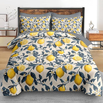 Comforter Set Full Size, Fruit Lemons Blue 7 Pcs Bedding for Kids and Adults, Leaves Brown Flower Bed Sheet Sets with Fitted Sheet 2 Pillowcase & 2 Sham for Bedroom Bed Decor
