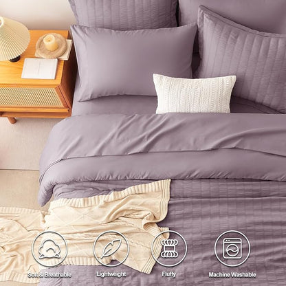 CozyLux Queen Comforter Set Dusty Purple Seersucker 7 Pieces Bed in a Bag Queen Comforter Set with Sheets, Grayish Purple Luxury Bedding Sets Down Alternative Comforter, Sheets, Pillowcases & Shams