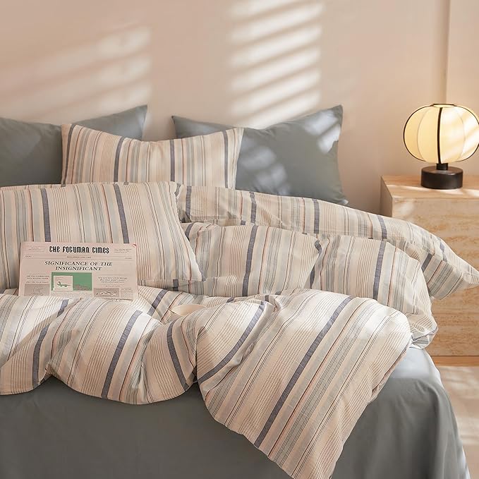 Striped Duvet Cover Set Twin XL, 3 Pieces Blue White Stripes Pattern Printed Comforter Cover, 100% Washed Cotton Striped Bedding Set, Soft Breathable Twin XL Duvet Cover for Boys Girls Teen Adults