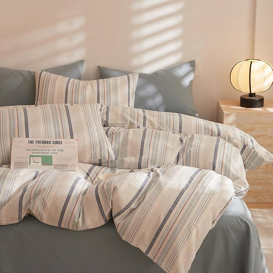 LifeTB Striped Duvet Cover Set Queen, 100% Washed Cotton Blue White Stripes Pattern Printed Comforter Cover, 3 Pieces Striped Bedding Set Comfy Breathable Duvet Cover Queen with 2 Pillowcases