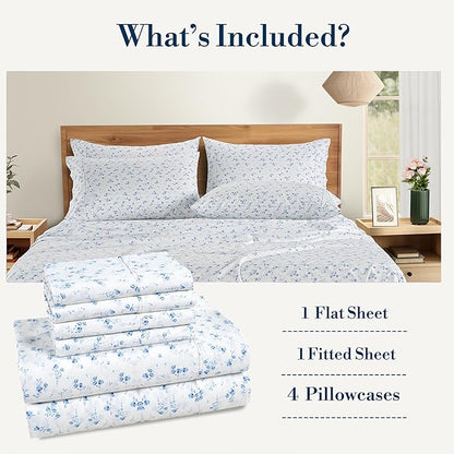 Casa Platino Queen Bed Sheets Set – 100% Cotton Sheets Queen with 4 Pillowcases, Ultra Soft & Breathable Cool Fabric, Tailored Fit with 15" Deep Pockets, Great Everyday Sheets – Floralis