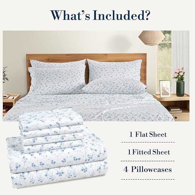 Casa Platino 100% Cotton Sheets California King Size Set - 6 Pieces (1 Flat, 1 Fitted, 4 Pillowcases) - Soft, Breathable & Cooling Percale Bed Sheets with Deep Pocket - Cal King Sheet Set - Floralis