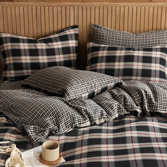 EAVD Vintage Black Gingham Comforter Set Full Soft 100% Muslin Cotton Red Green Grid Checkered Plaid Bedding Set with 2 Pillowcases Farmhouse Reversible Black Plaid Comforter Set for All-Season