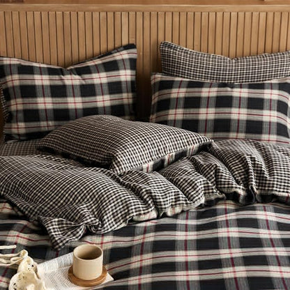 EAVD Vintage Black Gingham Comforter Set Full Soft 100% Muslin Cotton Red Green Grid Checkered Plaid Bedding Set with 2 Pillowcases Farmhouse Reversible Black Plaid Comforter Set for All-Season