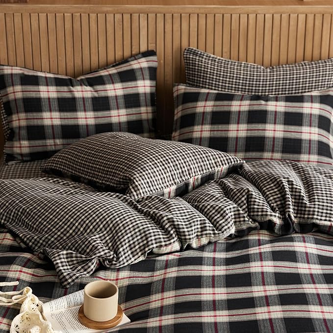 EAVD Vintage Black Gingham Comforter Set King Soft 100% Muslin Cotton Red Green Grid Checkered Plaid Bedding Set with 2 Pillowcases Farmhouse Reversible Black Plaid Comforter Set for All-Season
