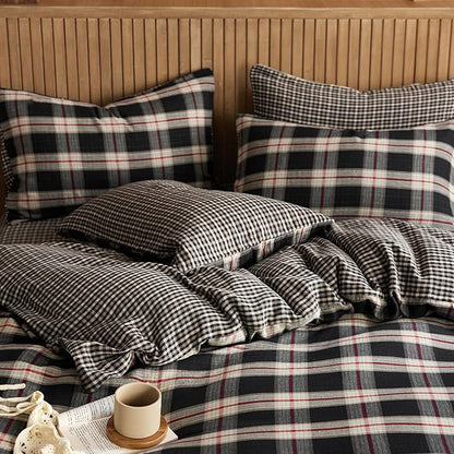 EAVD Vintage Black Gingham Comforter Set King Soft 100% Muslin Cotton Red Green Grid Checkered Plaid Bedding Set with 2 Pillowcases Farmhouse Reversible Black Plaid Comforter Set for All-Season