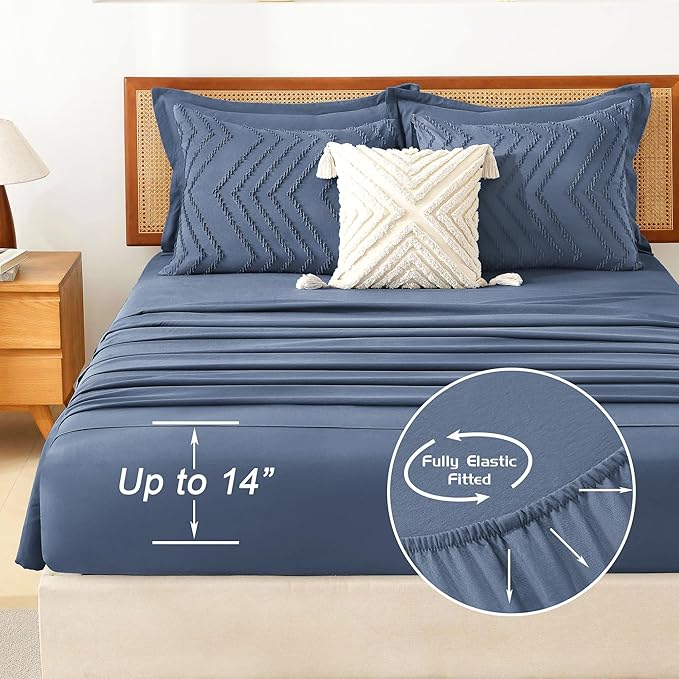 Litanika Twin Comforter Set with Sheets Ocean Blue - 5 Pieces Boho Tufted Shabby Chic Bed in a Bag, Fluffy Soft Farmhouse Bed Set for All Seasons