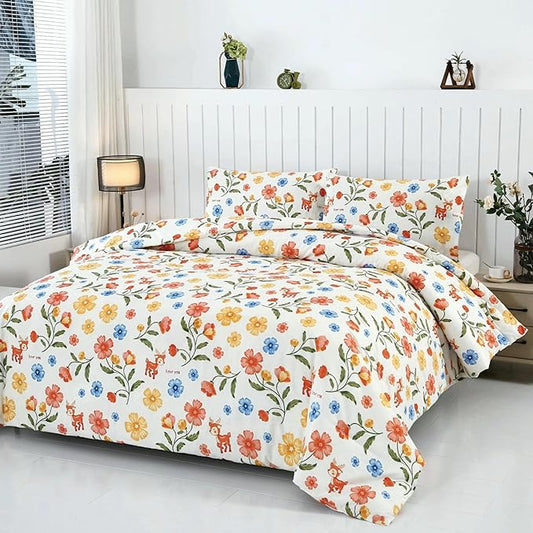 SDIII Reindeer and Floral Comforter Set Twin 3 Pieces, Soft Microfiber Vintage Floral Comforter Twin Size, Yellow Flower Bedding All Season