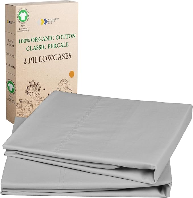 California Design Den 100% Organic Cotton Pillow Cases Standard Size/Queen Size Set of 2, Soft & Crisp Percale Weave Cotton Pillowcases (Light Grey)