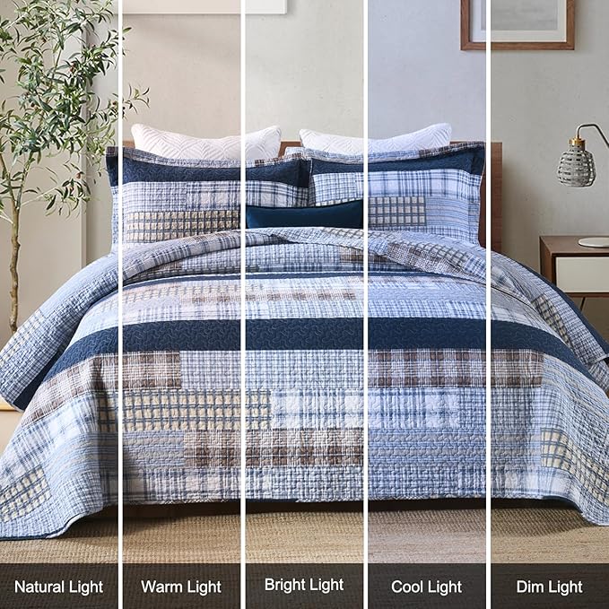 PANGUSHAN Quilt Set Queen Size, 100% Cotton Quilt Bedding Set Bedspreads, Patchwork Plaid Farmhouse Reversible Lightweight Comforter Bed Spread for Queen Bed, Blue, 3 Pieces