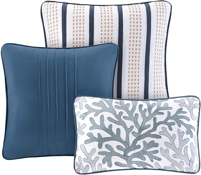 Madison Park Quilt Set Cottage Coastal Design, Starfish Print - All Season, Coverlet Bedspread Lightweight Bedding Layer, Shams, Toss Pillows, Twin/Twin XL(68"x90"), Bayside Blue/Ivory 5 Piece