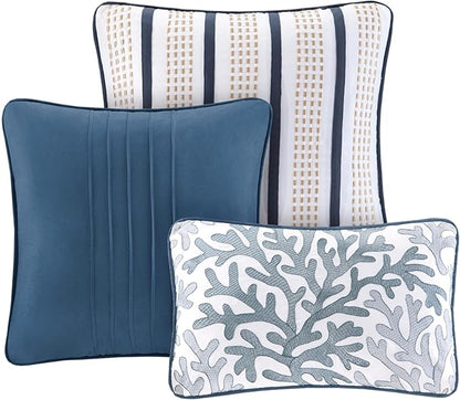 Madison Park Quilt Set Cottage Coastal Design, Starfish Print - All Season, Coverlet Bedspread Lightweight Bedding Layer, Shams, Toss Pillows, King/Cal King(104"x94"), Bayside Blue/Ivory 6 Piece