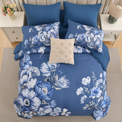 King Size Comforter Set - 7 Pieces Floral Comforter and Sheet Set, Blue King Size Bed in a Bag, Soft Microfiber Flower Complete Bedding Set for All Seasons（Blue,104"x90"）