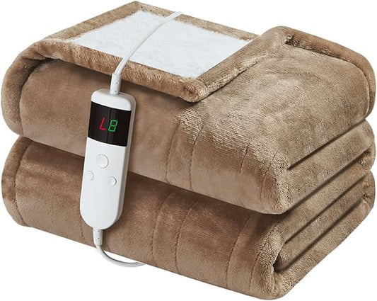 Electric Heated Blanket Twin Size 62''x84'' Soft Flannel & Sherpa Electric Blanket with 10 Heating Levels, Automatically Shut Down After 8h with Overheat Protection Machine Washable
