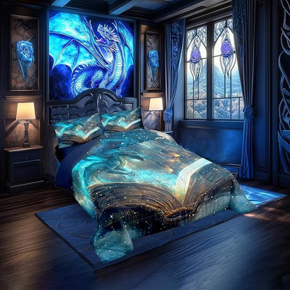 Flying Dragon Comforter Set Toddler Size Magical Book Pattern Bedding Set Bedroom Decor Vintage Mid-Century Castle Quilt Set Comfortable Breathable Neon Burning Flame Duvet Insert 2Pcs