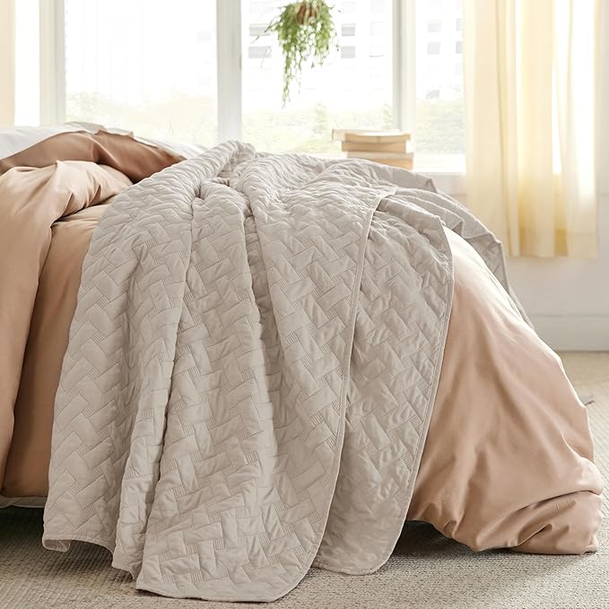 Bedsure Quilts Queen Size - Lightweight Bedspreads Queen Size with Basket Weave Pattern, Soft Quilt Bedding Set, Light Beige Comforter Set Coverlet for All Seasons with 2 Pillow Shams (90" x 96") | Skin-Friendly Soft, All-Season Comfort, Breathable, Li...