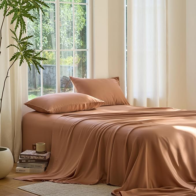 DOZ Sheet Set, 100% Viscose derived from Bamboo, Organically Grown, Buttery Soft, Cooling Sheets, High GSM, Deep Pockets - 2 Piece - 1 Pillowcase 1 Fitted Sheet (Clay, Twin)