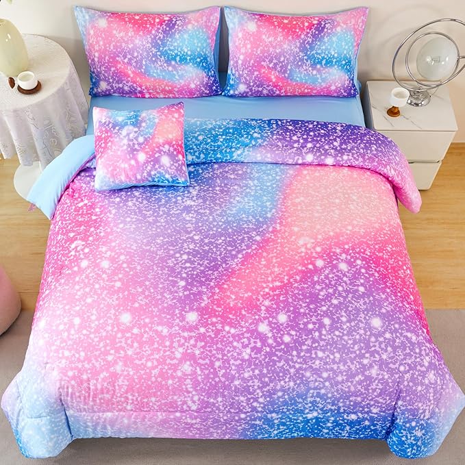 RYNGHIPY 6Pcs Girls Bedding Set Twin Size Colorful Rainbow Comforter Set for Kids Teens Girls Glitter Bedding Set Lightweight Fluffy