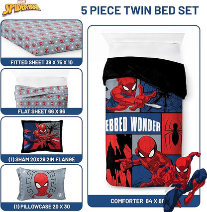 Jay Franco Marvel Spiderman Webbed Wonder 5 Piece Twin Bed Set - Includes Comforter & Sheet Set - Bedding Features Spiderman - Super Soft Fade Resistant Polyester - (Official Marvel Product)
