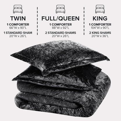 Comfort Spaces Juliette Luxe Comforter Set Velvet Lush with Soft Brushed Microfiber Reverse, All Season Cozy Velvet Bedding Sets, Fluffy Comforter Bed Set, Matching Sham, Black Full/Queen 3 Piece