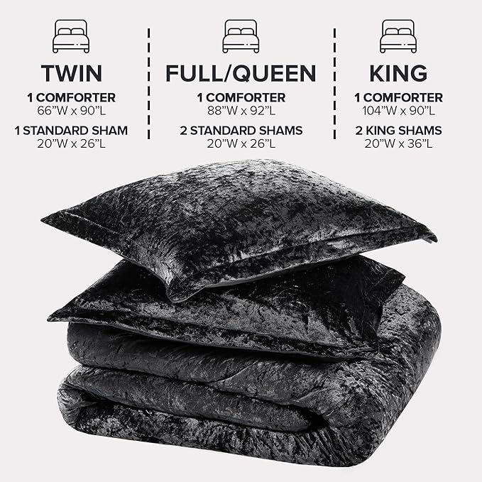 Comfort Spaces Juliette Luxe Comforter Set Velvet Lush with Soft Brushed Microfiber Reverse, All Season Cozy Velvet Bedding Sets, Fluffy Comforter Bed Set, Matching Sham, Black Twin/Twin XL 2 Piece