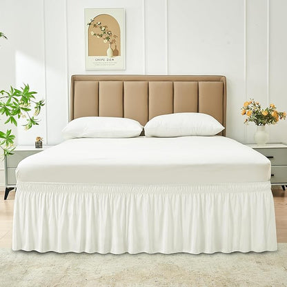 Biscaynebay Wrap Around Bed Skirts for Queen Beds 16" Drop, Ivory Adjustable Elastic Dust Ruffles Easy Fit Wrinkle & Fade Resistant Silky Luxurious Fabric Solid Machine Washable