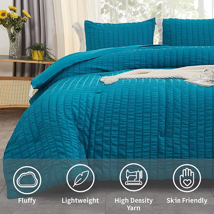 AveLom Teal Seersucker King Comforter Set (104x90 inches), 3 Pieces-100% Soft Washed Microfiber Lightweight Comforter with 2 Pillowcases, All Season Down Alternative Comforter Set for Bedding
