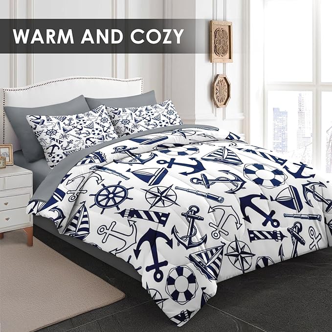 Comforter Set Full Size, Nautical Anchors Navy Blue 7 Pcs Bedding for Kids and Adults, Retro Sailor Lighthouse Bed Sheet Sets with Fitted Sheet 2 Pillowcase & 2 Sham for Bedroom Bed Decor